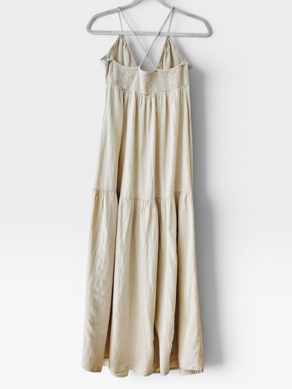 Sim & Sam Beige Linen Blend Boho Maxi Dress Crisscross Back Size Medium - Picture 3 of 13